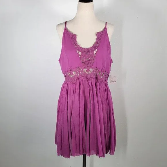 FREE PEOPLE Ilektra Lace Inset Cotton Chemise mini dress Sz M NEW - Picture 3 of 12